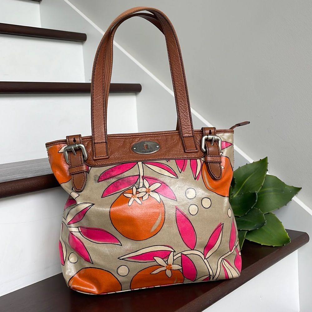 💕Fossil genuine leather waxed canvas hot pink orange tan shoulder purse handbag